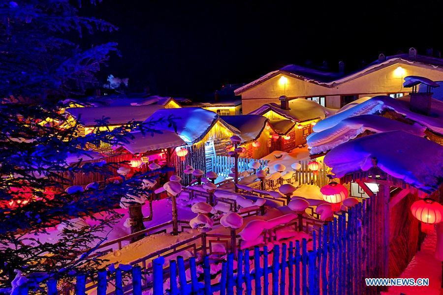 Photo taken with a mobile phone shows the night view of Shuangfeng Forest Farm in Mudanjiang City, northeast China\'s Heilongjiang Province, Jan. 30, 2019. The Shuangfeng Forest Farm witnesses frequent snowfalls and is covered with snow for most of the year. The beautiful snow scenery here attracts many visitors from at home and abroad every year. (Xinhua/Yang Siqi)