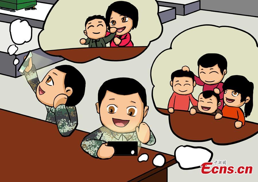 Cartoons created by armed police are on display to celebrate the Spring Festival, China’s Lunar New Year on Feb. 5. The drawings featured traditional Chinese culture and customs including dragon dance and making dumplings. (Photo: China News Service/Luo Qiuyang)