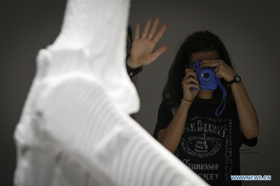 Participants in a workshop look at a robot arm during the third edition of the Night of Ideas in Warsaw, Poland, on Jan. 31, 2019. The sculpture was made by a robot from marble sourced from the Italian region of Carrara. The Night of Ideas is a yearly art show with debates and workshops held at the Center for Contemporary Art in Ujazdow Castle and organized by the French Institute. (Xinhua/Jaap Arriens)