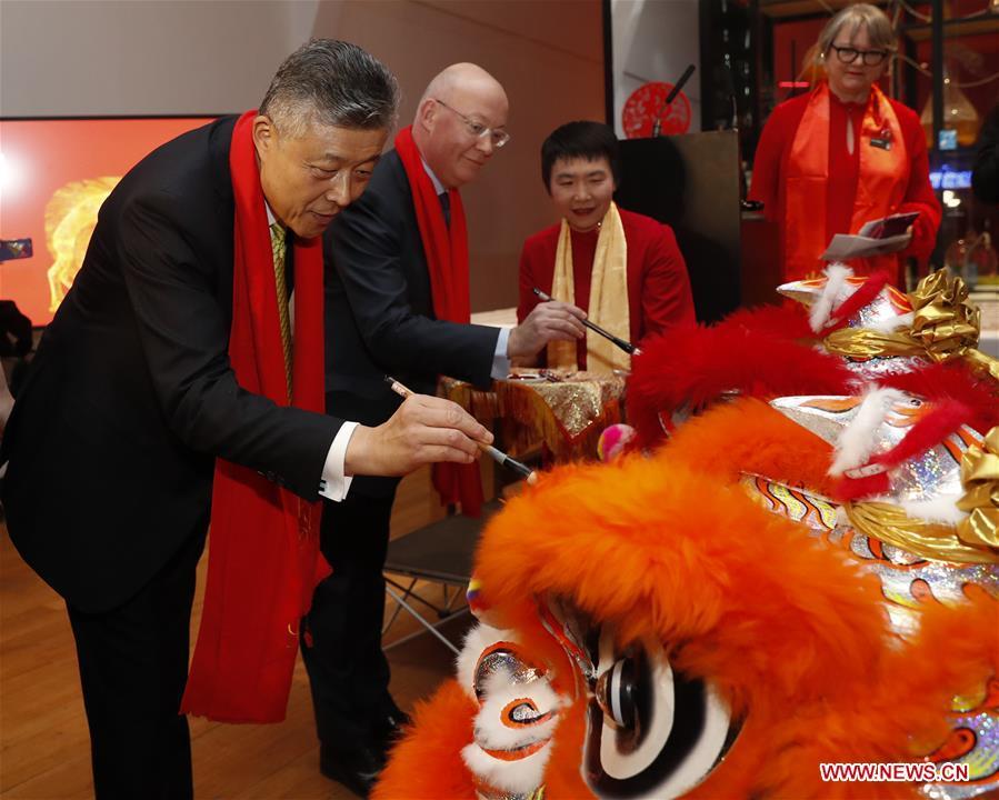 Chinese Ambassador to Britain Liu Xiaoming (1st, L) and Ian Blatchford (2nd L), director of the Science Museum Group, take part in celebrations of the Chinese Lunar New Year at the Science Museum in London, Britain on Jan. 30, 2019. With Chinese folk music, Kongfu performance, and lion and dragon dances, the Science Museum in London was brimming with pleasure Wednesday night. Around 5,000 visitors joined the China Lates programs in the museum to celebrate the Chinese Lunar New Year, which falls on Feb. 5. (Xinhua/Han Yan)
