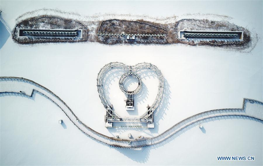 Photo taken on Jan. 31, 2019 shows the snow scenery of Yuehaiwan business district in Yinchuan, capital of northwest China\'s Ningxia Hui Autonomous Region. (Xinhua/Wang Peng)