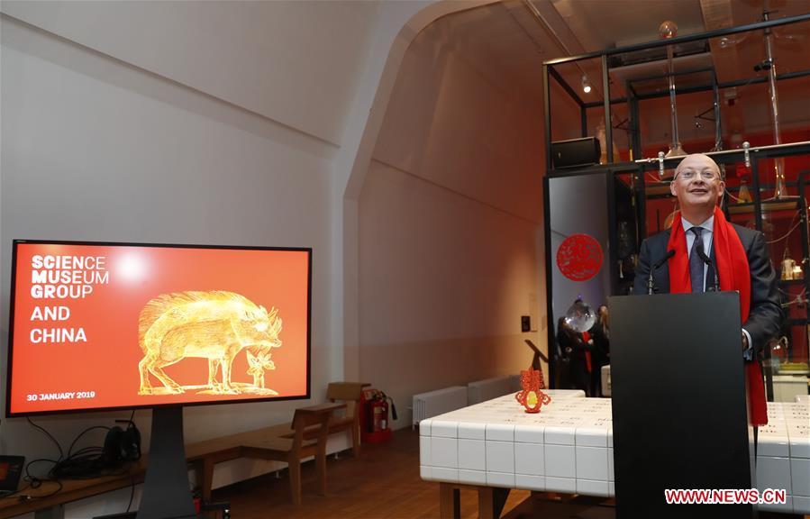 Ian Blatchford, director of the Science Museum Group, delivers a speech during celebrations of the Chinese Lunar New Year at the Science Museum in London, Britain on Jan. 30, 2019. With Chinese folk music, Kongfu performance, and lion and dragon dances, the Science Museum in London was brimming with pleasure Wednesday night. Around 5,000 visitors joined the China Lates programs in the museum to celebrate the Chinese Lunar New Year, which falls on Feb. 5. (Xinhua/Han Yan)