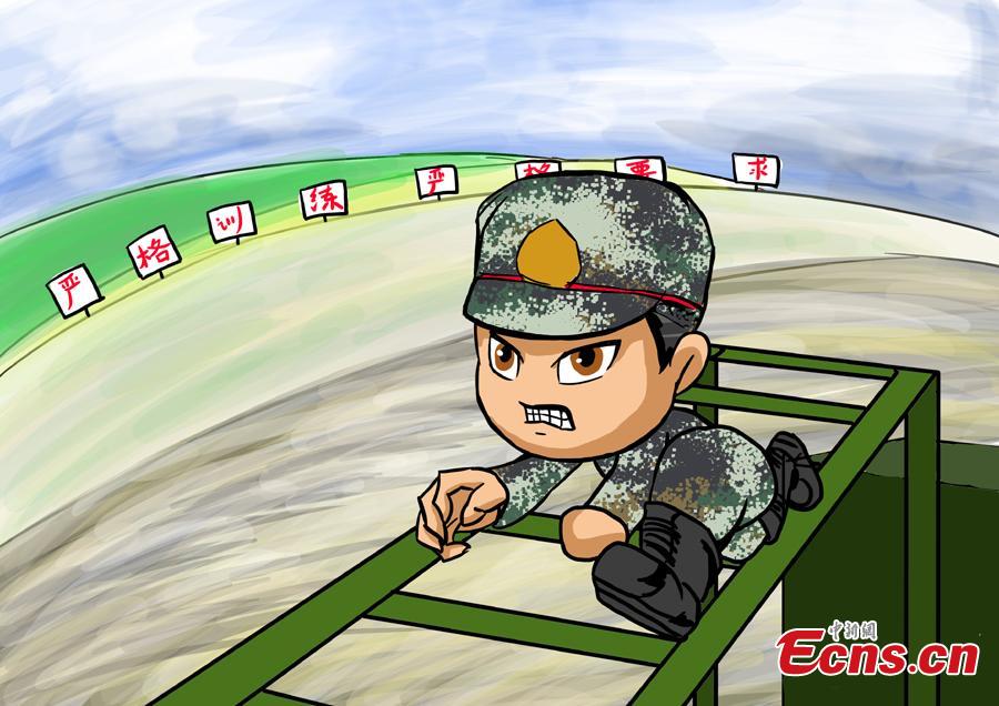 Cartoons created by armed police are on display to celebrate the Spring Festival, China’s Lunar New Year on Feb. 5. The drawings featured traditional Chinese culture and customs including dragon dance and making dumplings. (Photo: China News Service/Luo Qiuyang)
