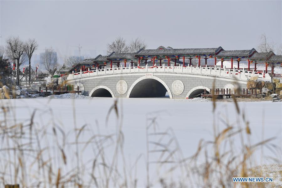 Photo taken on Jan. 31, 2019 shows the snow scenery of Yuehaiwan business district in Yinchuan, capital of northwest China\'s Ningxia Hui Autonomous Region. (Xinhua/Wang Peng)