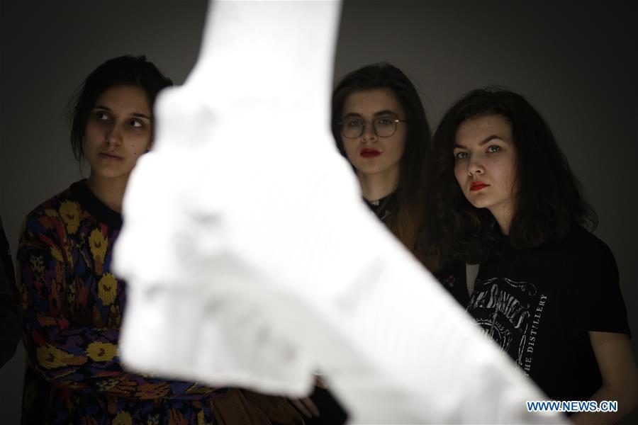 Participants in a workshop look at a robot arm during the third edition of the Night of Ideas in Warsaw, Poland, on Jan. 31, 2019. The sculpture was made by a robot from marble sourced from the Italian region of Carrara. The Night of Ideas is a yearly art show with debates and workshops held at the Center for Contemporary Art in Ujazdow Castle and organized by the French Institute. (Xinhua/Jaap Arriens)
