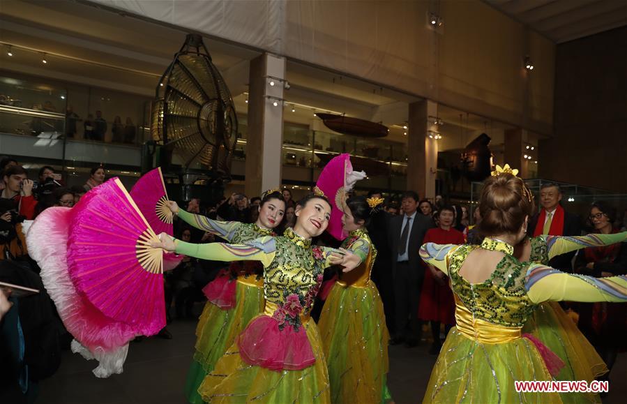 Chinese dancers perform during celebrations of the Chinese Lunar New Year at the Science Museum in London, Britain on Jan. 30, 2019. With Chinese folk music, Kongfu performance, and lion and dragon dances, the Science Museum in London was brimming with pleasure Wednesday night. Around 5,000 visitors joined the China Lates programs in the museum to celebrate the Chinese Lunar New Year, which falls on Feb. 5. (Xinhua/Han Yan)