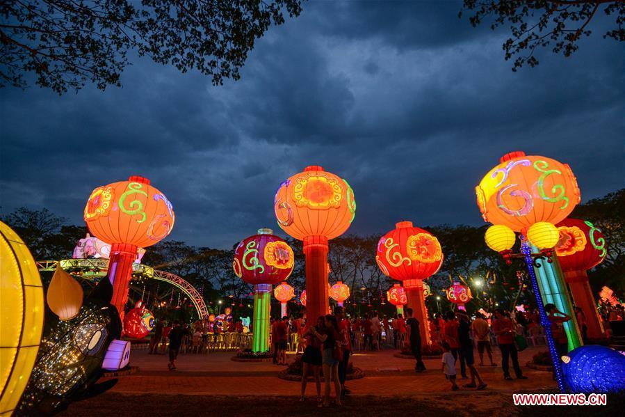 People visit the Chinese New Year Lantern Festival at Dong Zen Temple in Jenjarom of Malaysia, Jan. 31, 2019. The Lantern Festival will run until Feb. 19. (Xinhua/Chong Voon Chung)