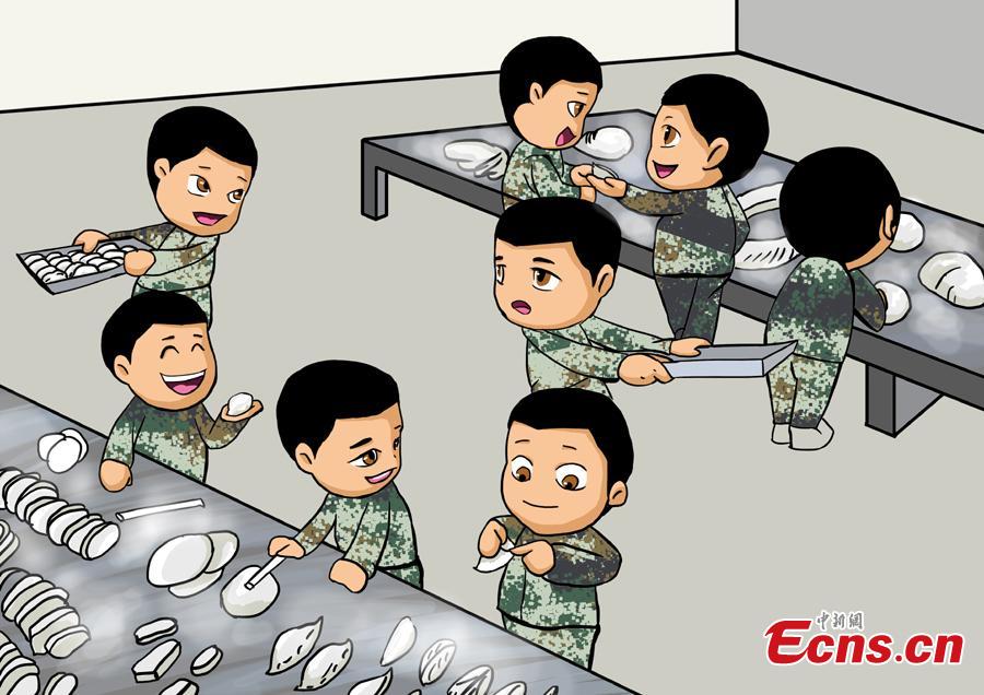 Cartoons created by armed police are on display to celebrate the Spring Festival, China’s Lunar New Year on Feb. 5. The drawings featured traditional Chinese culture and customs including dragon dance and making dumplings. (Photo: China News Service/Luo Qiuyang)