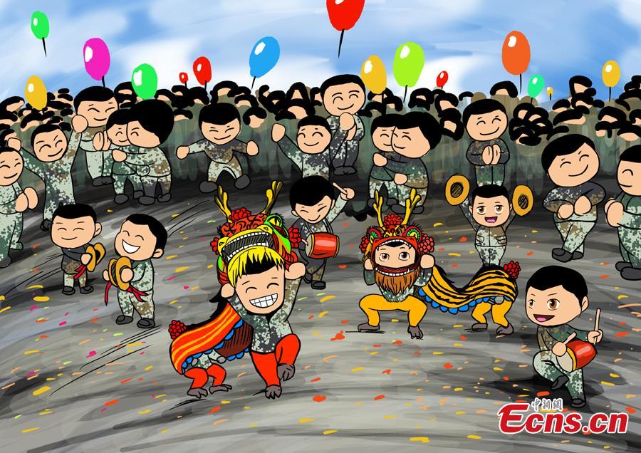 Cartoons created by armed police are on display to celebrate the Spring Festival, China’s Lunar New Year on Feb. 5. The drawings featured traditional Chinese culture and customs including dragon dance and making dumplings. (Photo: China News Service/Luo Qiuyang)