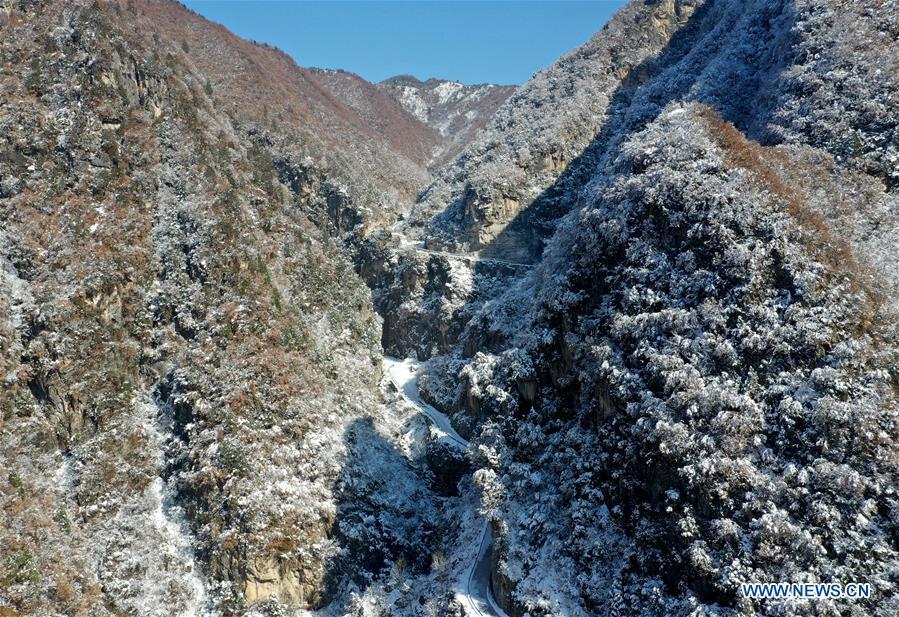 Aerial photo taken on Feb. 1, 2019 shows the snow scenery near Dasanggou Village of Lushi County, central China\'s Henan Province. (Xinhua/Li Jianan)