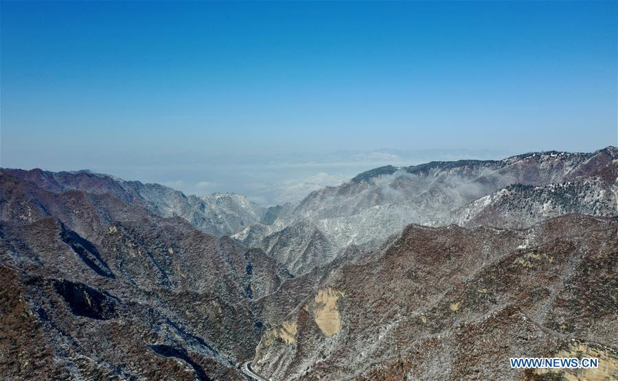 Aerial photo taken on Feb. 1, 2019 shows the snow scenery near Dasanggou Village of Lushi County, central China\'s Henan Province. (Xinhua/Li Jianan)