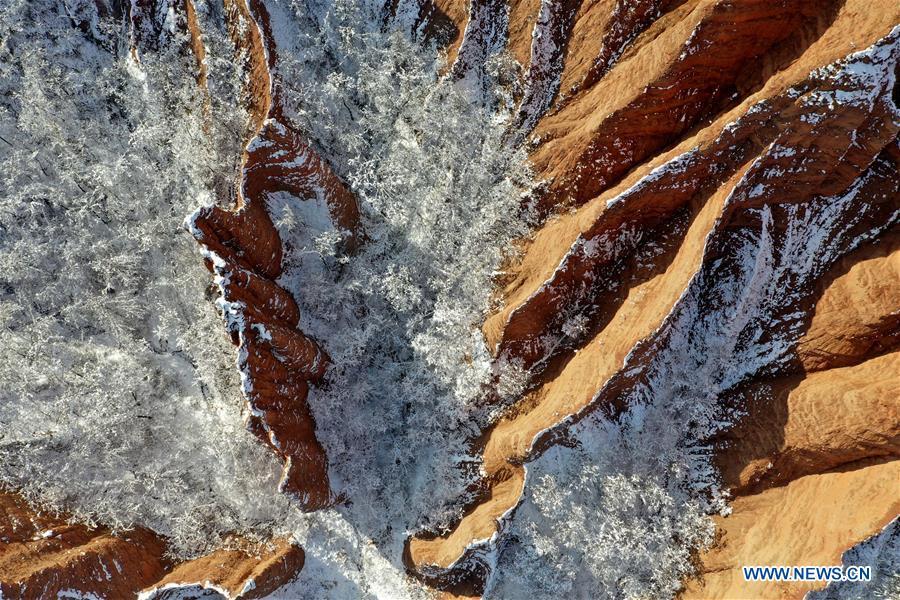 Aerial photo taken on Feb. 1, 2019 shows the snow-covered Hongshi (Red Rock) Gorge in Miaogou Village of Lushi County, central China\'s Henan Province. (Xinhua/Li Jianan)