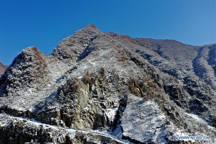 Aerial photo taken on Feb. 1, 2019 shows the snow scenery near Dasanggou Village of Lushi County, central China\'s Henan Province. (Xinhua/Li Jianan)