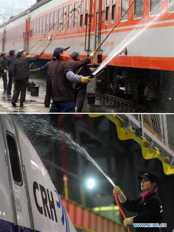 This combo photo shows cleaners washing a train at the end of the Spring Festival travel season at the Guiyang Railway Station in Guiyang, southwest China\'s Guizhou Province, March 5, 2005 (top, photo taken by Wu Dongjun); and a cleaner washing a bullet train at a depot in Wuhan, central China\'s Hubei Province, early on Feb. 10, 2011 (bottom, photo taken by Cheng Min). (Xinhua)