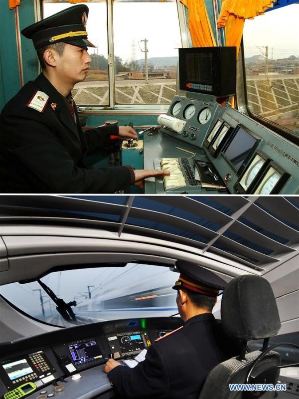 This combo photo shows train driver Zhang Xin working in a locomotive in southwest China\'s Guizhou Province, Feb. 5, 2004 (top, photo taken by Hou Shaohua); and bullet train driver Zhou Li working during a mission on the Beijing-Tianjin high-speed railway in north China, Jan. 25, 2017 (bottom, photo taken by Yang Baosen). (Xinhua)