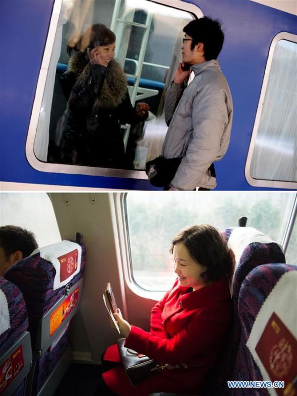This combo photo shows a couple making a farewell phone call across a train window at the Zhengzhou Railway Station in Zhengzhou, central China\'s Henan Province, Jan. 23, 2009 (top, photo taken by Zhu Xiang); and a passenger having a video chat with a friend using 4G network aboard a bullet train which travels from Hefei, east China\'s Anhui Province to Jiangshan, east China\'s Zhejiang Province, Feb. 4, 2015 (bottom, photo taken by Du Yu). (Xinhua)