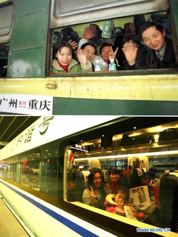 This combo photo shows migrant workers on a train during the Spring Festival travel season for a homeward journey from Guangzhou in south China\'s Guangdong Province to southwest China\'s Chongqing Municipality in January of 2000 (top, photo taken by Zhuang Jin); and passengers sitting aboard the bullet train G6102 which departs from the Guangzhou South Railway Station to Wuhan in central China\'s Hubei Province, on Jan. 25, 2014 (bottom, photo taken by Ding Yong). (Xinhua)