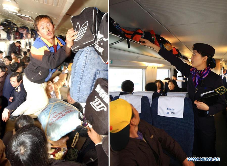 This combo photo shows passengers arranging their luggage in carriage 11 of the train L28 which travels from Fuzhou in southeast China\'s Fujian Province to southwest China\'s Chongqing Municipality, Jan. 23, 2003 (left, photo taken by Jiang Kehong); and train conductor Jiang Fei checking the luggage rack aboard a bullet train on the Wuhan-Guangzhou high-speed railway, Jan. 30, 2010 (right, photo taken by Li Mingfang). (Xinhua)