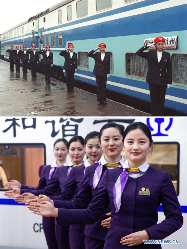 This combo photo shows attendants getting ready to work aboard the train K1/6 during the Spring Festival travel rush in Nanjing, east China\'s Jiangsu Province in January of 1998 (top, photo taken by Gao Meiji); and bullet train stewards taking part in an etiquette training in Nanjing, east China\'s Jiangsu Province, Jan. 17, 2019 (bottom, photo taken by Su Yang). (Xinhua)