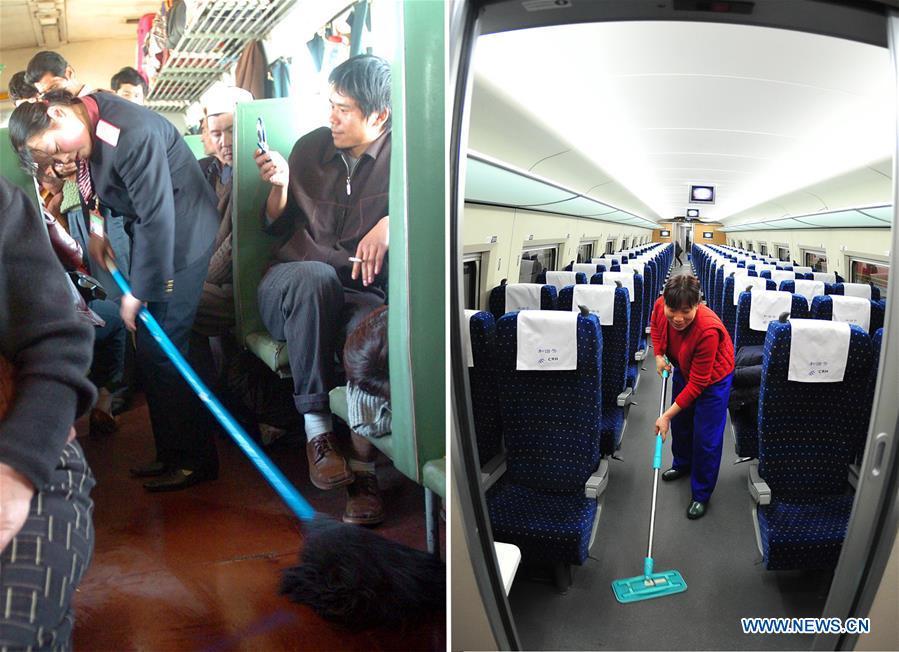 This combo photo shows a train attendant mopping in a train carriage that travels from Urumqi to Kashgar in northwest China\'s Xinjiang Uygur Autonomous Region, March 10, 2005 (left, photo taken by Sadat); and a worker cleaning a bullet train carriage at a depot in Wuhan, central China\'s Hubei Province, early on Feb. 10, 2011 (right, photo taken by Cheng Min). (Xinhua)