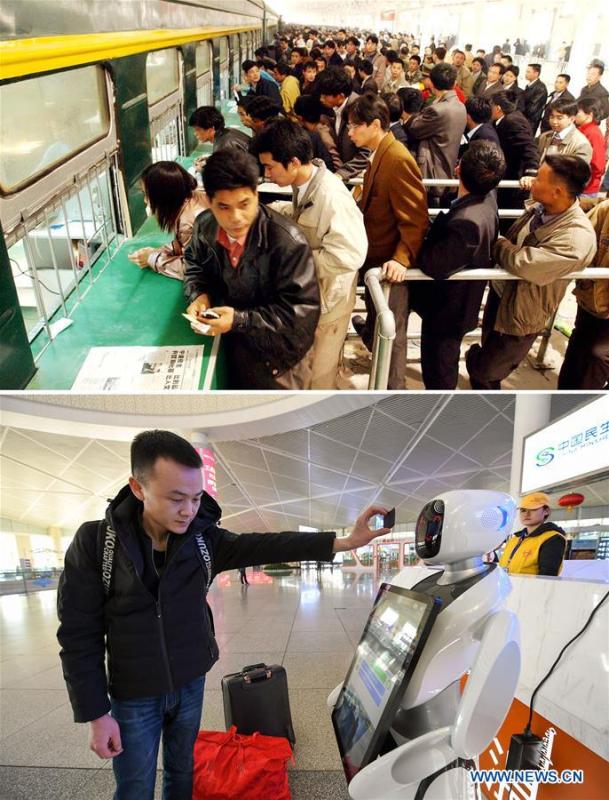 This combo photo shows railway passengers queuing up in front of a make-shift ticket office adapted from train compartments during the Spring Festival travel season in Guangzhou, south China\'s Guangdong Province, Jan. 20, 2003 (top, photo taken by Zhou Wenjie); and a passenger having his ticket scanned by a robot to get train information at the Hohhot East Railway Station during the Spring Festival travel season in Hohhot, north China\'s Inner Mongolia Autonomous Region, Jan. 22, 2019 (bottom, photo taken by Peng Yuan). (Xinhua)