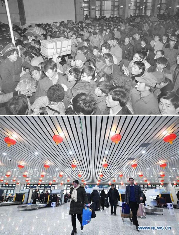 This combo photo shows passengers queuing up to board the trains at the Beijing Railway Station during the Spring Festival travel season in Beijing, capital of China, Jan. 12, 1993 (top, photo taken by Tang Zhaoming); and passengers prepare to board the trains after security check at the Lanzhou Railway Station in Lanzhou, northwest China\'s Gansu Province, Jan. 20, 2019 (bottom, photo taken by Chen Bin). (Xinhua)