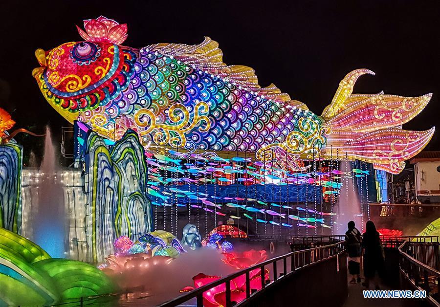 Tourists view a giant lantern group during a lantern fair held in Zigong, southwest China\'s Sichuan Province, Feb. 5, 2019. Over 130 lantern groups were displayed at the event. (Xinhua/Zhang Chaoqun)