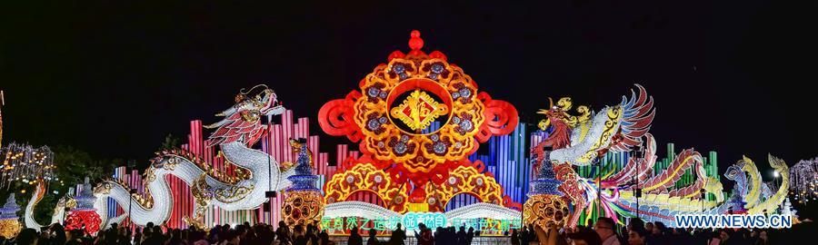 Photo taken on Feb. 5, 2019 shows dragon-shaped and phoenix-shaped lanterns at a lantern fair held in Zigong, southwest China\'s Sichuan Province. Over 130 lantern groups were displayed at the event. (Xinhua/Zhang Chaoqun)