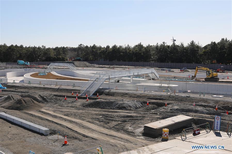 Kasai Canoe Slalom Centre, one of the Tokyo 2020 Olympic Games venues, is under construction in Tokyo, Japan, on Feb. 12, 2019. This venue for canoe slalom games has been finished 74% construction works till the end of last month. (Xinhua/Du Xiaoyi)