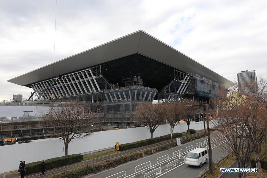 Tokyo Aquatics Centre, one of the Tokyo 2020 Olympic Games venues, is under construction in Tokyo, Japan, on Feb. 12, 2019. This venue for swimming, diving and other aquatics games has been finished 55% construction works till the end of last month. (Xinhua/Du Xiaoyi)