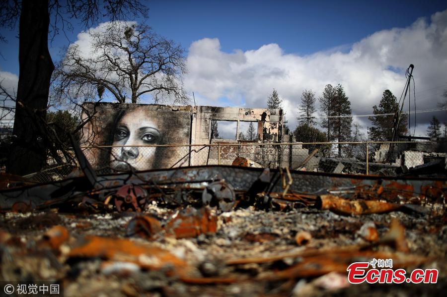 Shane Grammer, the former graffiti artist, recently spent a week in Paradise, the town devastated by last year\'s Camp Fire, deadliest fire in California history, painting murals on the remnants of abandoned houses and burned-out cars. (Photo/VCG)