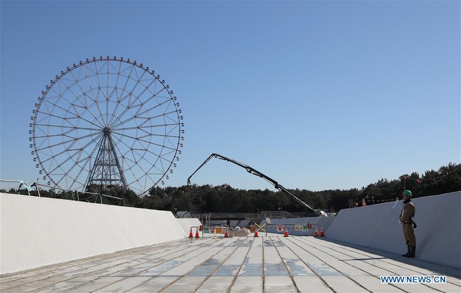 Kasai Canoe Slalom Centre, one of the Tokyo 2020 Olympic Games venues, is under construction in Tokyo, Japan, on Feb. 12, 2019. This venue for canoe slalom games has been finished 74% construction works till the end of last month. (Xinhua/Du Xiaoyi)