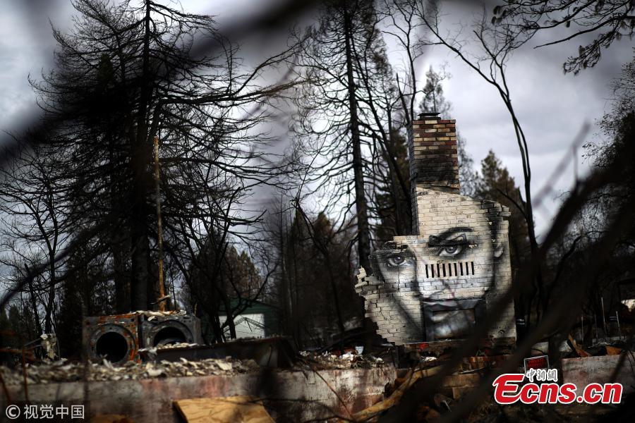 Shane Grammer, the former graffiti artist, recently spent a week in Paradise, the town devastated by last year\'s Camp Fire, deadliest fire in California history, painting murals on the remnants of abandoned houses and burned-out cars. (Photo/VCG)
