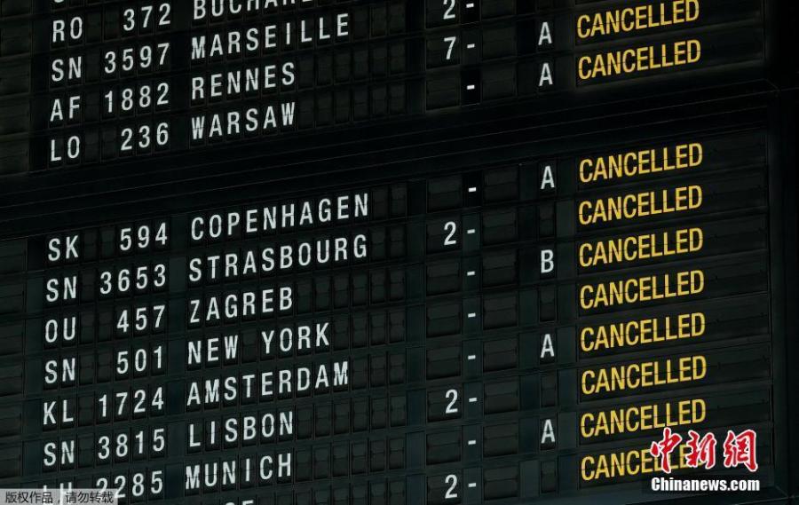 Photo shows flight information board displaying cancelled flights during a strike by Belgian trade unions at Zaventem international airport in Brussels, Belgium, Feb. 13, 2019. All flights in and out of Belgium have been cancelled for a day due to strike action, the country\'s air traffic control has announced on Tuesday. (Photo/Agencies)