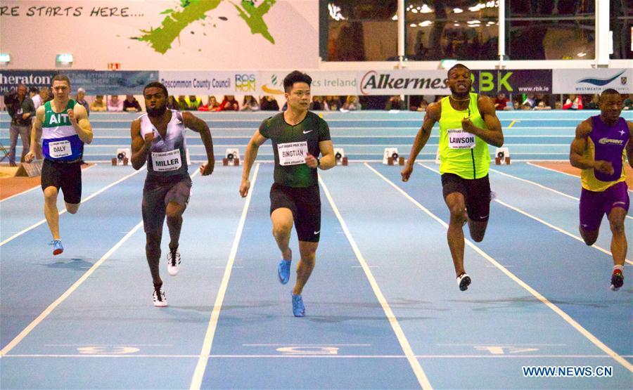 Su Bingtian (3rd, L) of China competes in the heat of the men\'s 60m competition at AIT International Indoor Grand Prix 2019 in Athlone, central Ireland, Feb. 13, 2019. Su Bingtian of China won the men\'s 60m final with 6.52 seconds at AIT International Indoor Grand Prix 2019 on Wednesday night. (Xinhua)