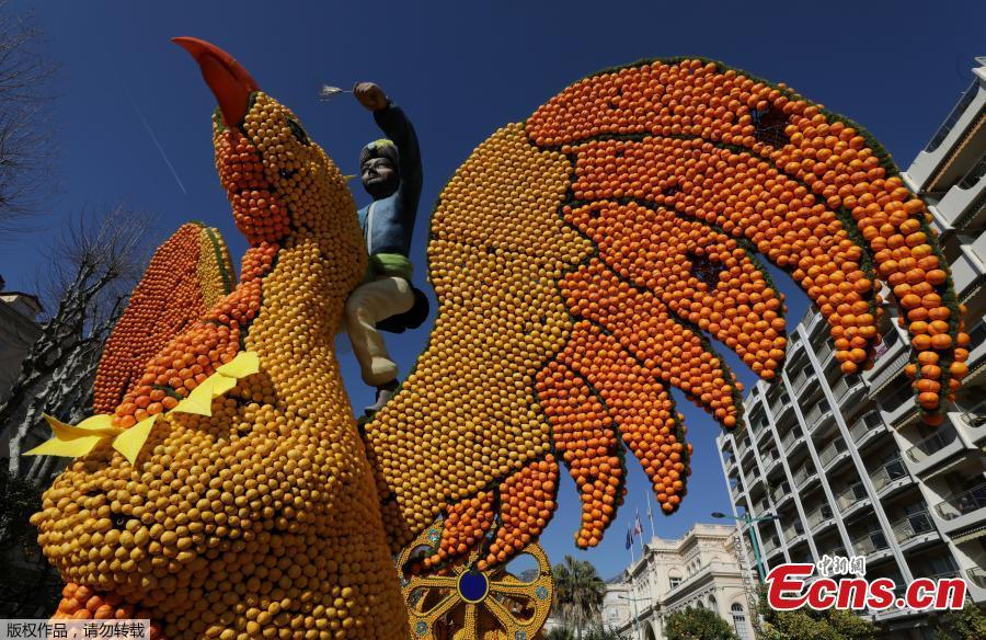 A sculpture made with lemons and oranges which depicts Sinbad the Sailor is seen during the 86th Lemon festival around the theme \