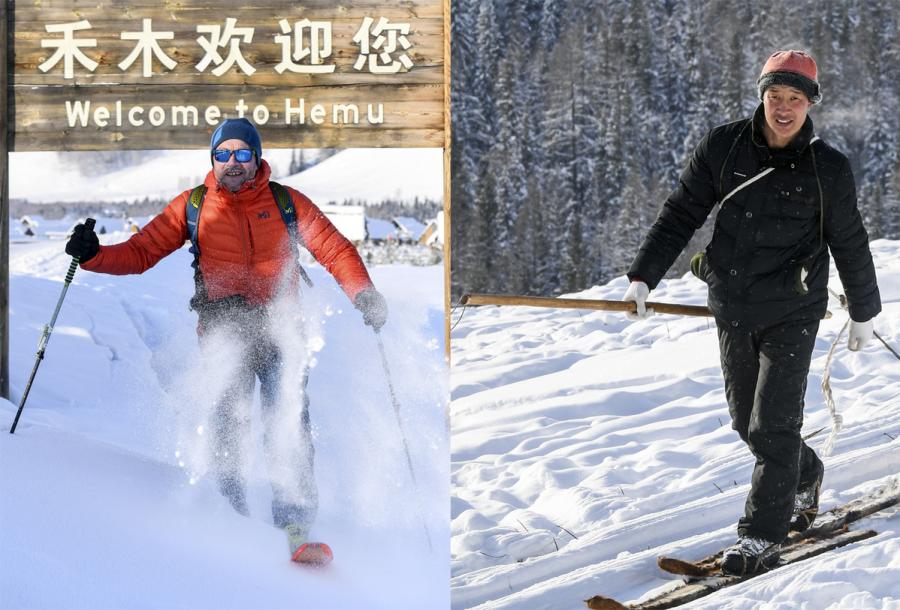 A man from Europe (left) skiing in Hemu, Xinjiang with modern skis and Hemu villager Mamani (right) on his traditional fur skis. (Photo/Xinhua)
When Bruno arrived in Northwest China\'s Xinjiang with his modern, sleek snowsports equipment, he didn\'t expect to become amazed by local villagers\' ancient fur skis.