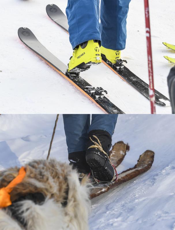 Modern skis (above) and traditional fur skis (below). (Photo/Xinhua)
Fur skis, made of pine wood and horsehide, have a long history dating back more than 12,000 years.

The graining of the horsehide on such skis provides friction to help skiers climb mountains while enabling them to still glide smoothly downhill.