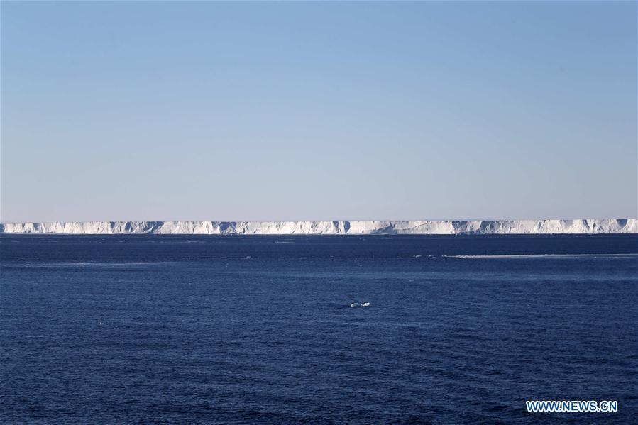 Photo taken on Feb. 15, 2019 shows the edge of the West Ice Shelf in Antarctica. China\'s research icebreaker Xuelong, with 126 crew members aboard on the 35th Antarctic research mission, on Thursday local time left the Zhongshan Station on its way back to China. It is expected to arrive in Shanghai in mid-March. (Xinhua/Liu Shiping)