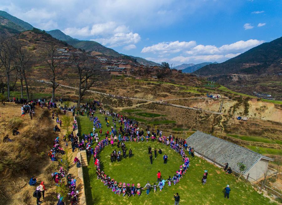 An aerial photo shows the scene of people dancing with visitors at the festival on Feb. 19, 2019. (Photo/Xinhua)