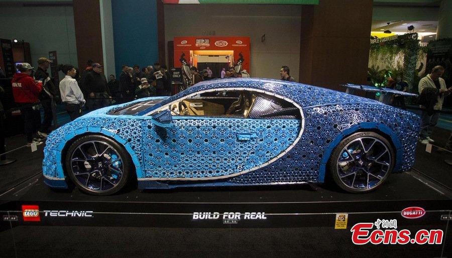 Drivable full-size Bugatti Chiron model made of LEGO Technic elements seen at Toronto Auto Show 2019, Feb. 19, 2019. (Photo/China News Service)