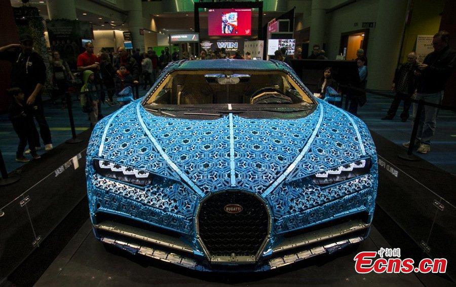 Drivable full-size Bugatti Chiron model made of LEGO Technic elements seen at Toronto Auto Show 2019, Feb. 19, 2019. (Photo/China News Service)