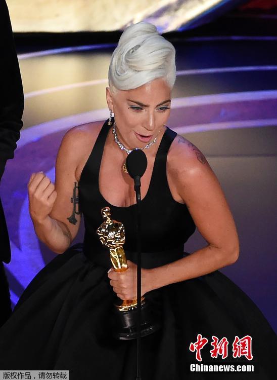 Lady Gaga accept the award for best original song for Shallow from A Star Is Born during Hollywood and Highland in Hollywood, California, U.S., February 24, 2019.  (Photo/Agencies)