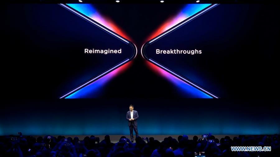 Richard Yu, CEO of Consumer Business Group of Chinese tech company Huawei, presents the new Mate X, a foldable 5G ready smartphone, ahead of the Mobile World Congress in Barcelona, Spain, Feb. 24, 2019. (Xinhua)