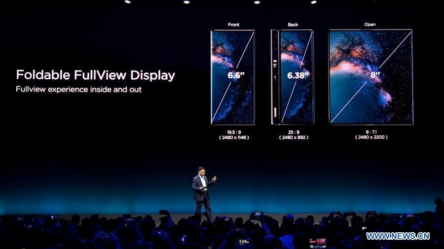 Richard Yu, CEO of Consumer Business Group of Chinese tech company Huawei, presents the new Mate X, a foldable 5G ready smartphone, ahead of the Mobile World Congress in Barcelona, Spain, Feb. 24, 2019. (Xinhua)