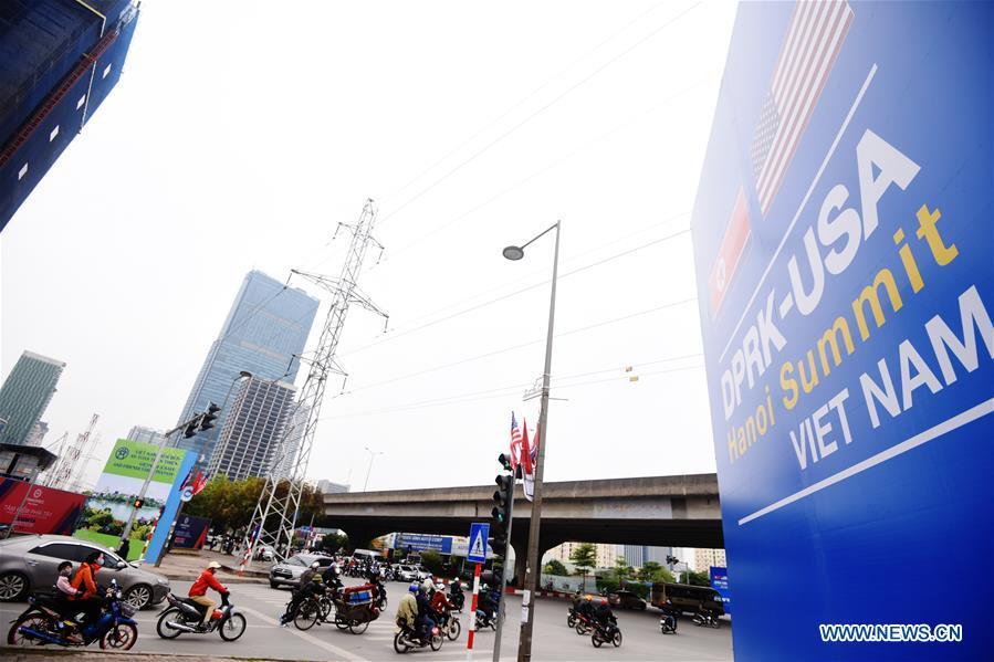 Photo taken on Feb. 25, 2019 shows a billboard of the DPRK-U.S. summit in Hanoi, Vietnam. The second summit between top leader of the Democratic People\'s Republic of Korea (DPRK) Kim Jong Un and U.S. President Donald Trump will be held in Hanoi on Feb. 27-28. (Xinhua/Wang Shen)