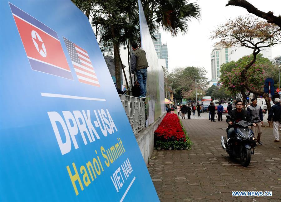Photo taken on Feb. 25, 2019 shows a billboard of the DPRK-U.S. summit in Hanoi, Vietnam. The second summit between top leader of the Democratic People\'s Republic of Korea (DPRK) Kim Jong Un and U.S. President Donald Trump will be held in Hanoi on Feb. 27-28. (Xinhua/Wu Xiaochu)