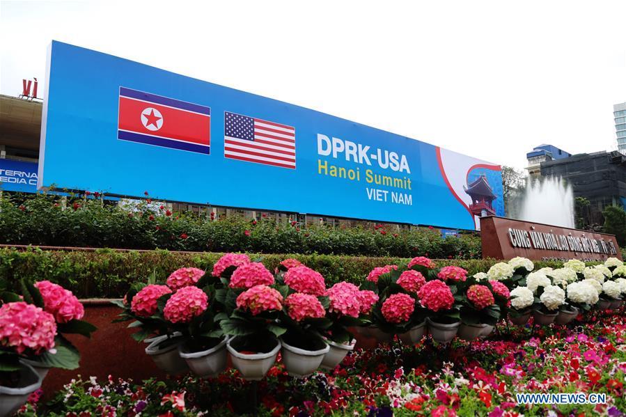 Photo taken on Feb. 25, 2019 shows a billboard of the DPRK-U.S. summit in Hanoi, Vietnam. The second summit between top leader of the Democratic People\'s Republic of Korea (DPRK) Kim Jong Un and U.S. President Donald Trump will be held in Hanoi on Feb. 27-28. (Xinhua/Wu Xiaochu)