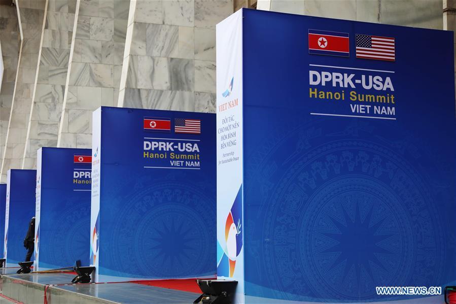 Photo taken on Feb. 25, 2019 shows billboards of the DPRK-U.S. summit in Hanoi, Vietnam. The second summit between top leader of the Democratic People\'s Republic of Korea (DPRK) Kim Jong Un and U.S. President Donald Trump will be held in Hanoi on Feb. 27-28. (Xinhua/Wu Xiaochu)