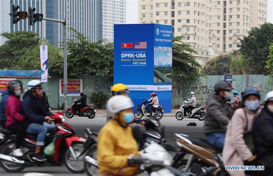 Photo taken on Feb. 25, 2019 shows a billboard of the DPRK-U.S. summit in Hanoi, Vietnam. The second summit between top leader of the Democratic People\'s Republic of Korea (DPRK) Kim Jong Un and U.S. President Donald Trump will be held in Hanoi on Feb. 27-28. (Xinhua/Wu Xiaochu)